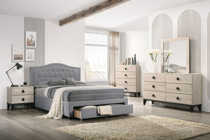 Burlap with Drawer Button Tufted Arch Design Headboard +Storage, Light Grey