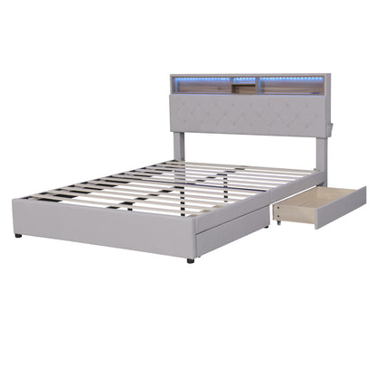 Upholstered Platform Bed with Storage Headboard, LED, USB Charging and 2 Drawers