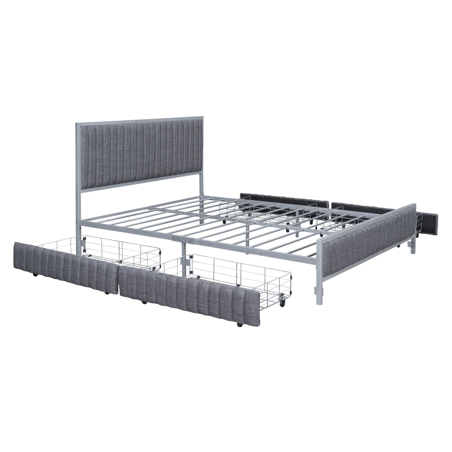 queen size metal frame upholstered bed with 4 drawers, linen fabric, gray