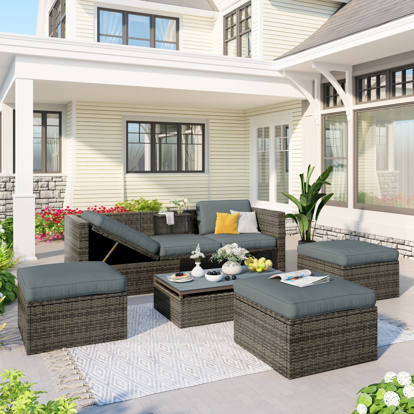 5-piece patio wicker sofa set cushions; ottomans and lift top coffee table included