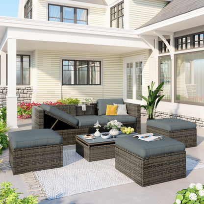 5-Piece Patio Wicker Sofa Set Cushions; Ottomans and Lift Top Coffee Table included