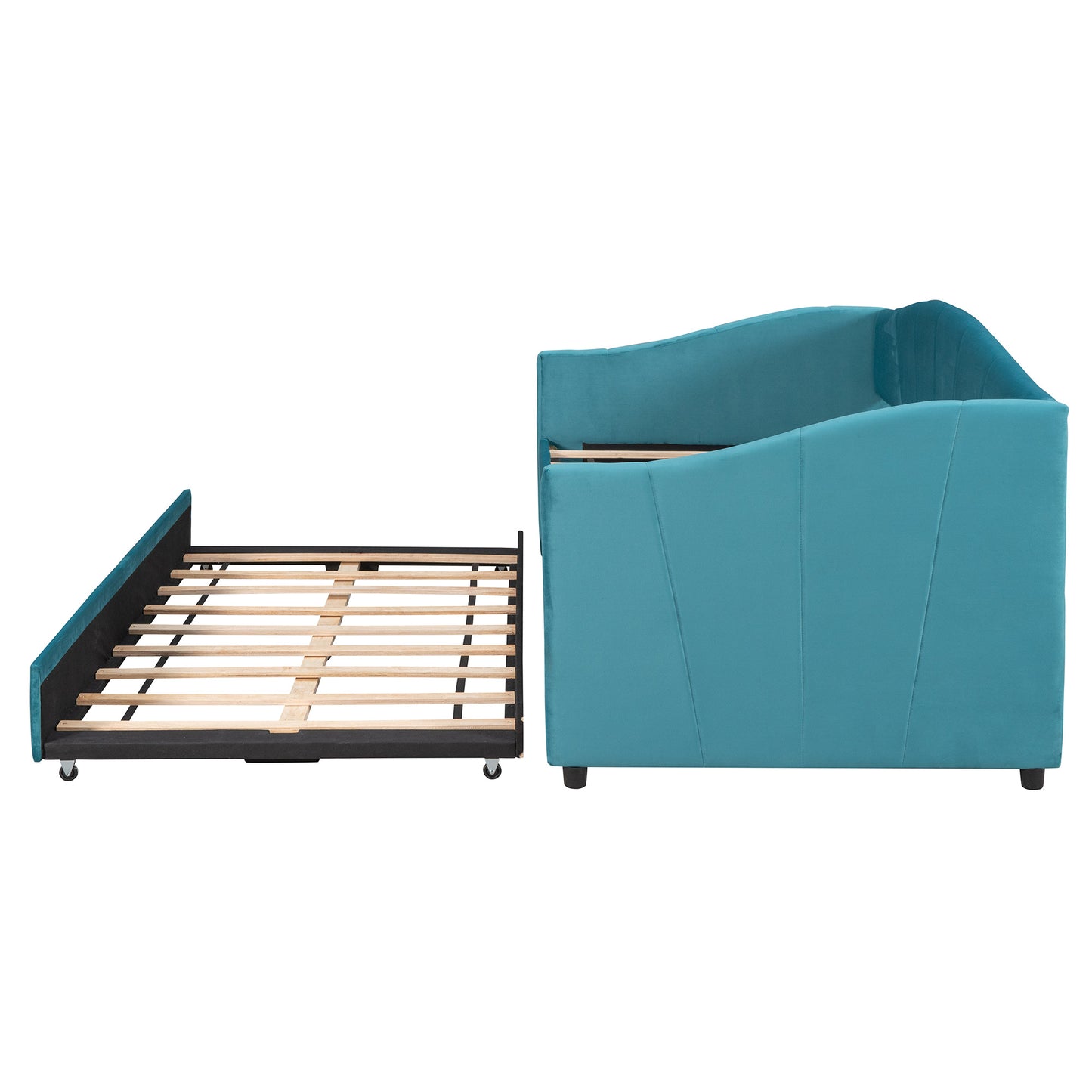 upholstered daybed with trundle bed and wood slat ; blue