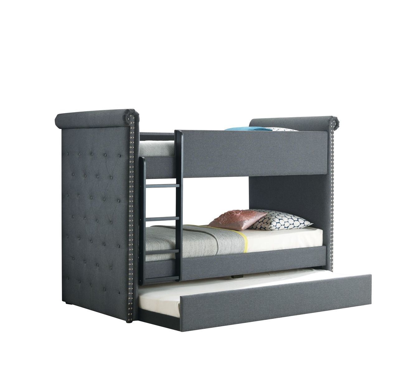 acme romana ii bunk bed & trundle, gray fabric