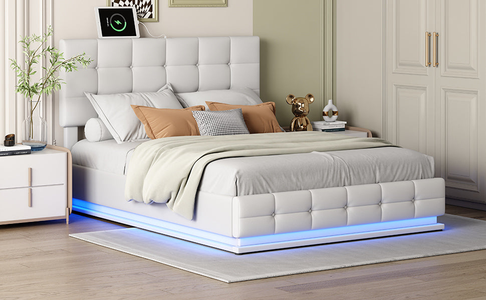 tufted upholstered platform bed with hydraulic storage system, led lights, and usb charger, black