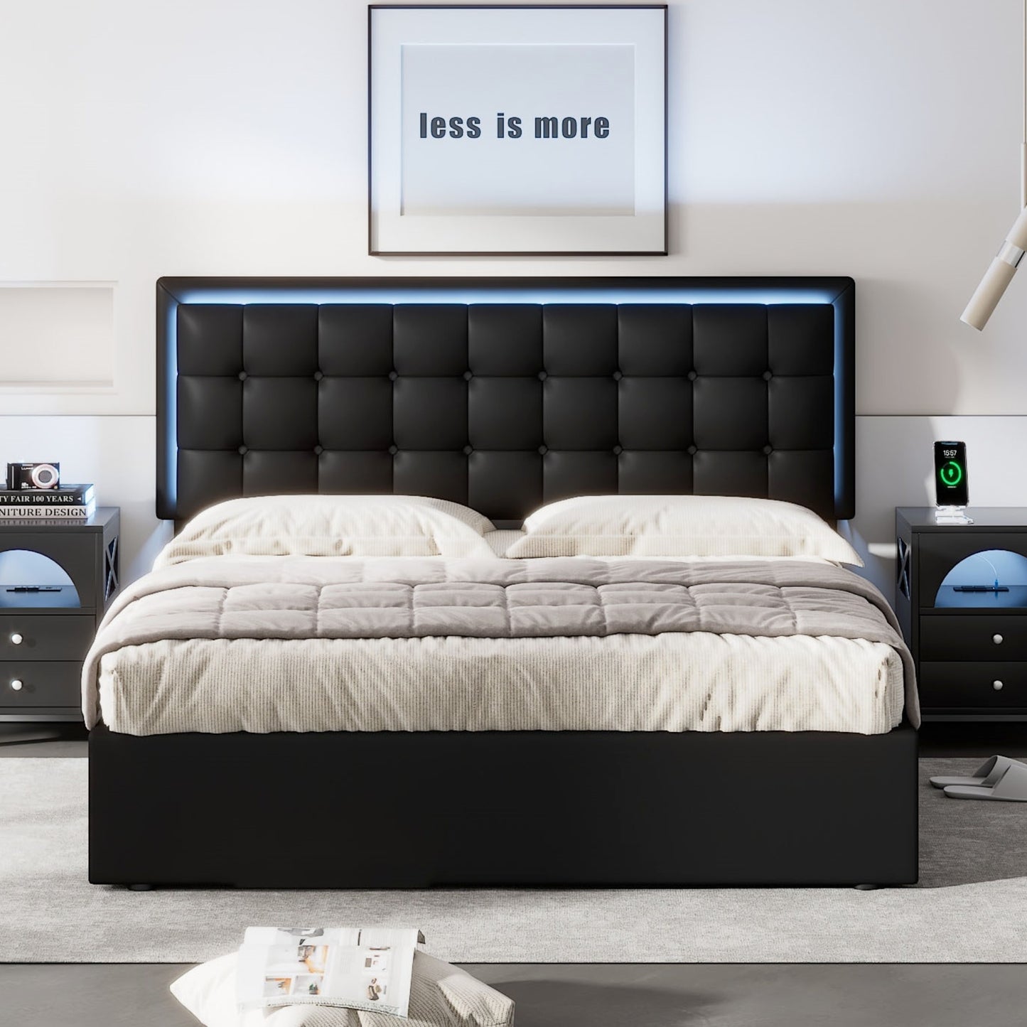 tufted upholstered platform bed with hydraulic storage system & pu storage bed with led lights
