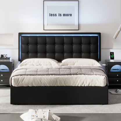Tufted Upholstered Platform Bed with Hydraulic Storage System & PU Storage Bed with LED Lights