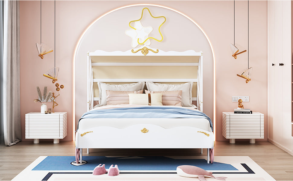 princess carriage bed with canopy, white+pink+gold