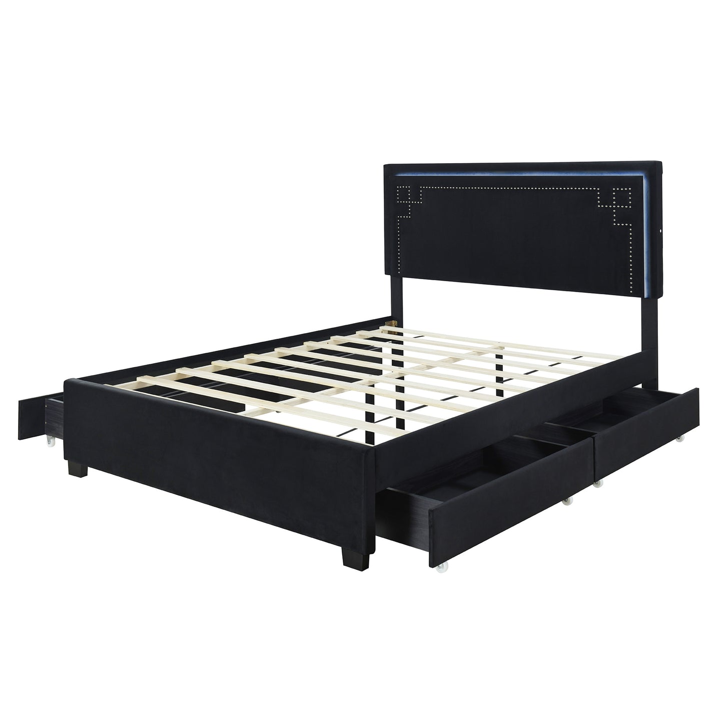 upholstered platform bed with rivet-decorated headboard, led bed frame and 4 drawers, black