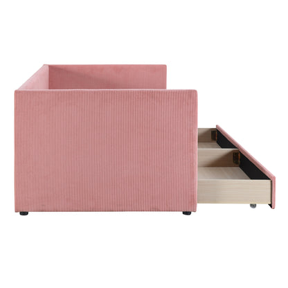 Corduroy Bed with Two Drawers and Wood Slat, Pink