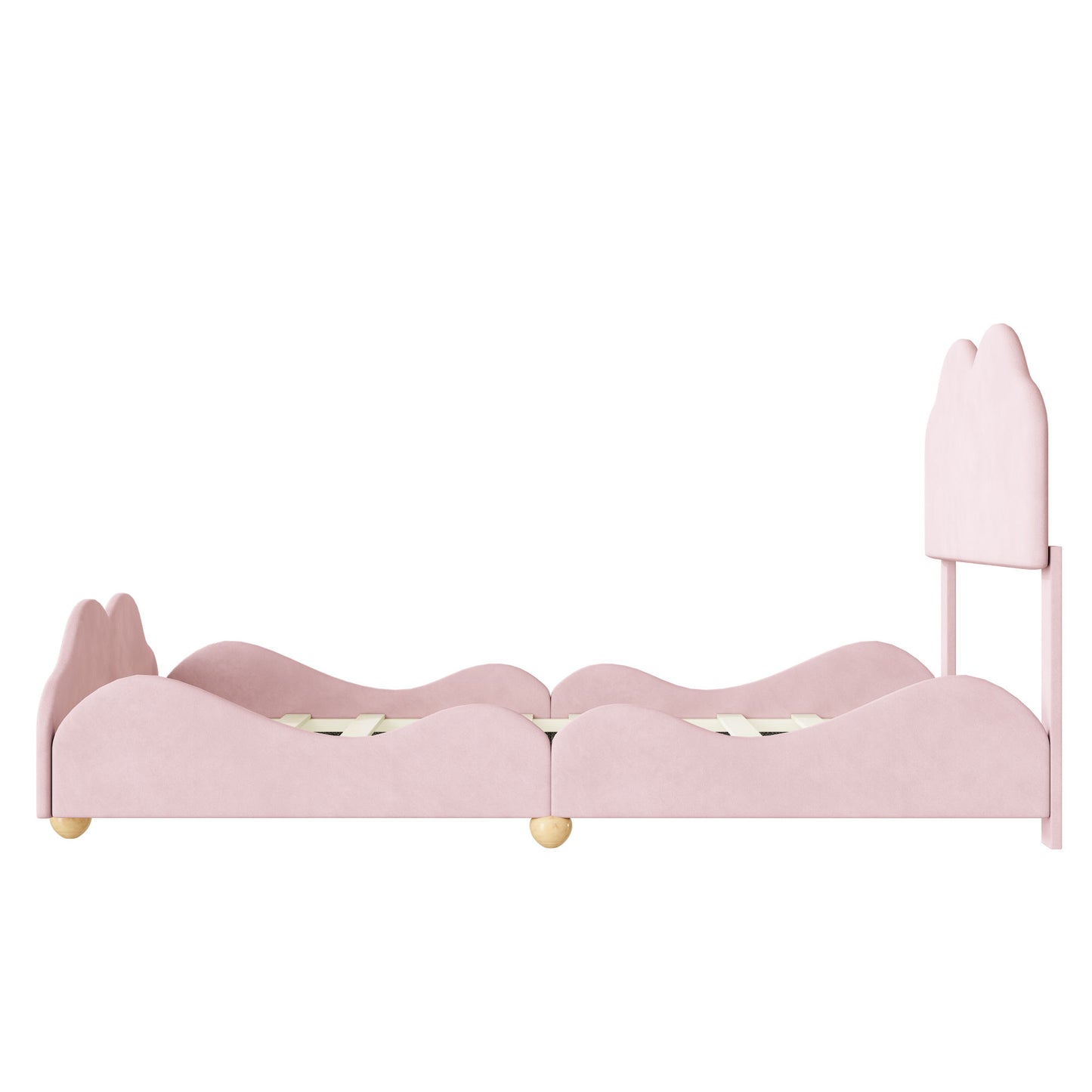 upholstered bed with cloud shaped bed board, light pink