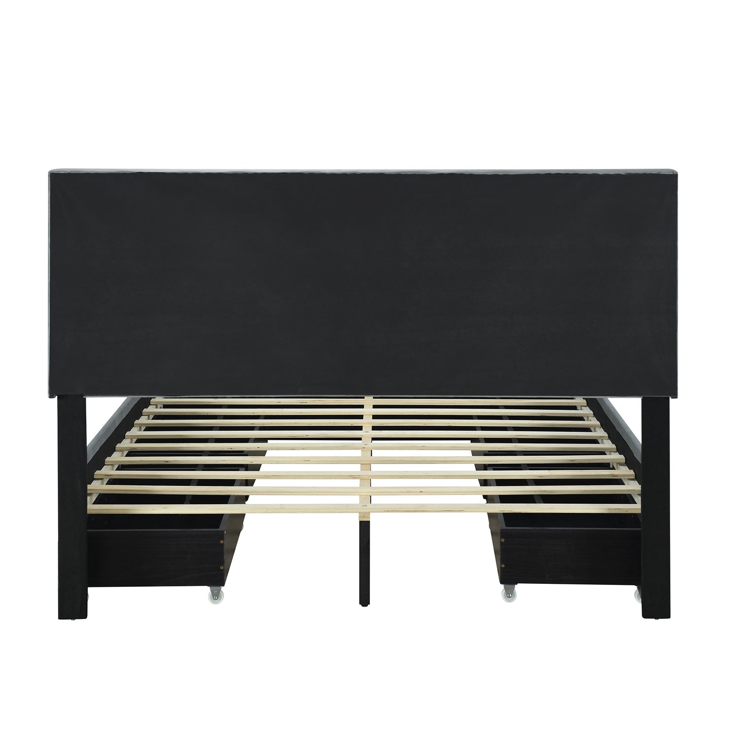 teddy upholstered platform bed with large rivet-decorated backrests and 4 drawers, velvet gray+white