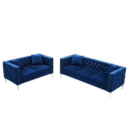 2 Piece Modern Velvet Living Room Set with 4 Pillows Included, Blue