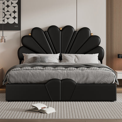 Upholstered Petal Shaped Platform Bed with Hydraulic Storage System, PU Storage Bed, Black