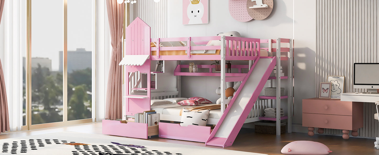 full-over-full castle style bunk bed with 2 drawers 3 shelves and slide - pink