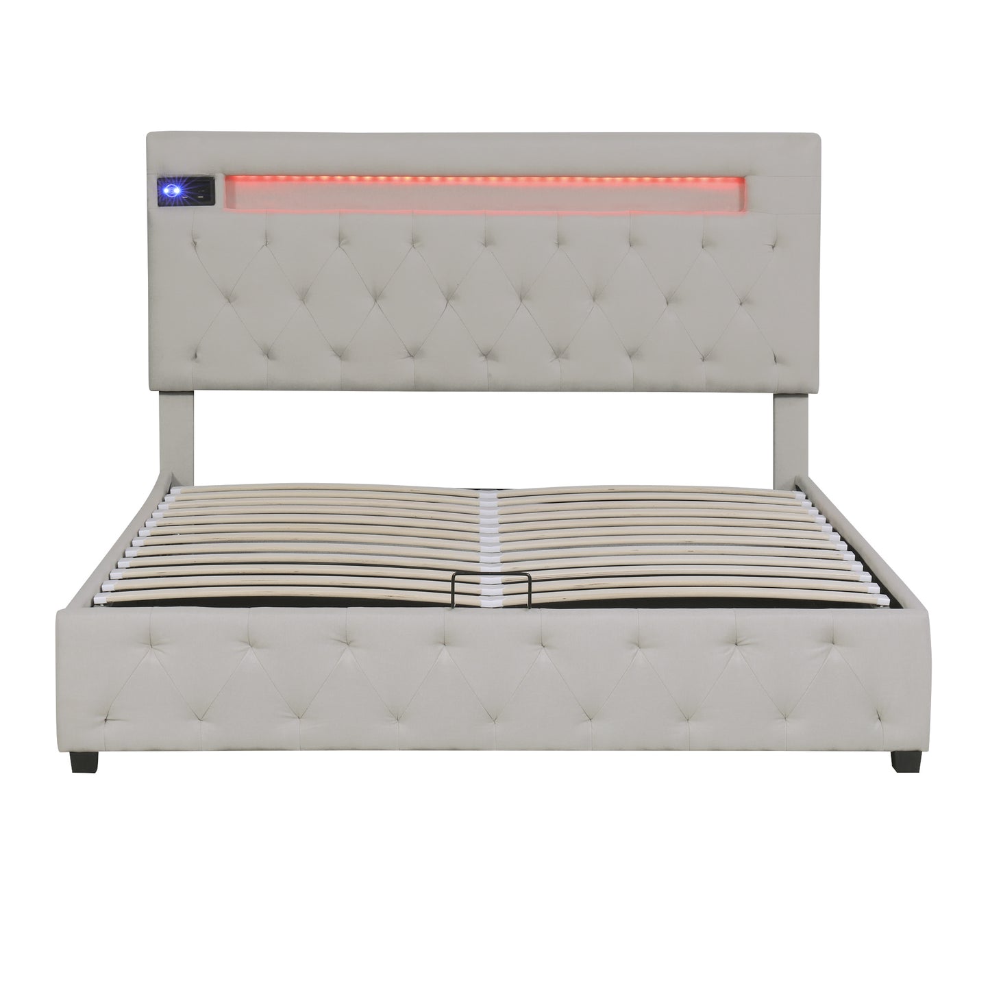 upholstered bed featured with bluetooth audio, led light and usb charging, beige