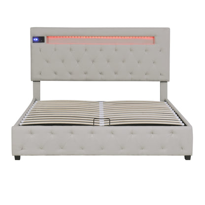 Upholstered Bed Featured with Bluetooth Audio, LED Light and USB Charging, Beige