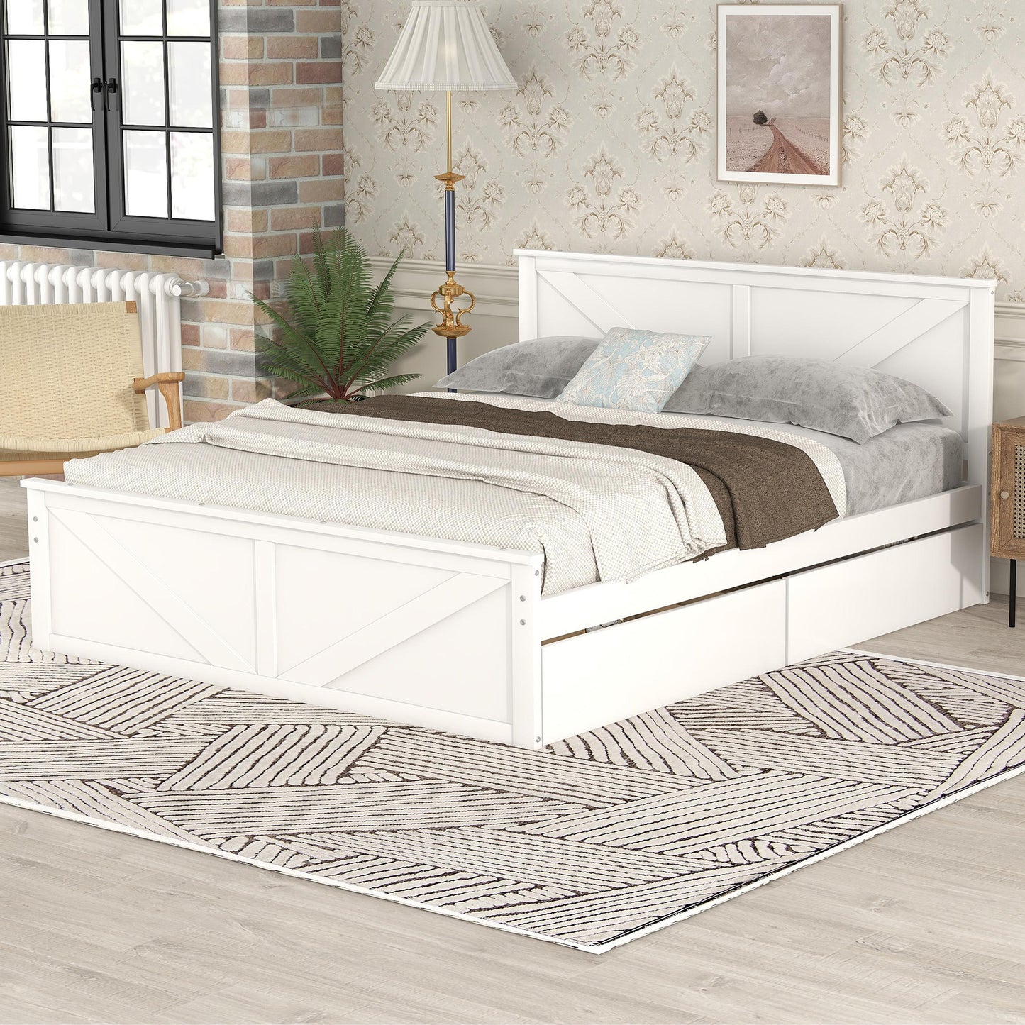 country wooden platform bed with four storage drawers