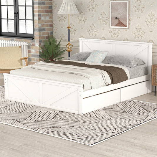 Country Wooden Platform Bed with Four Storage Drawers