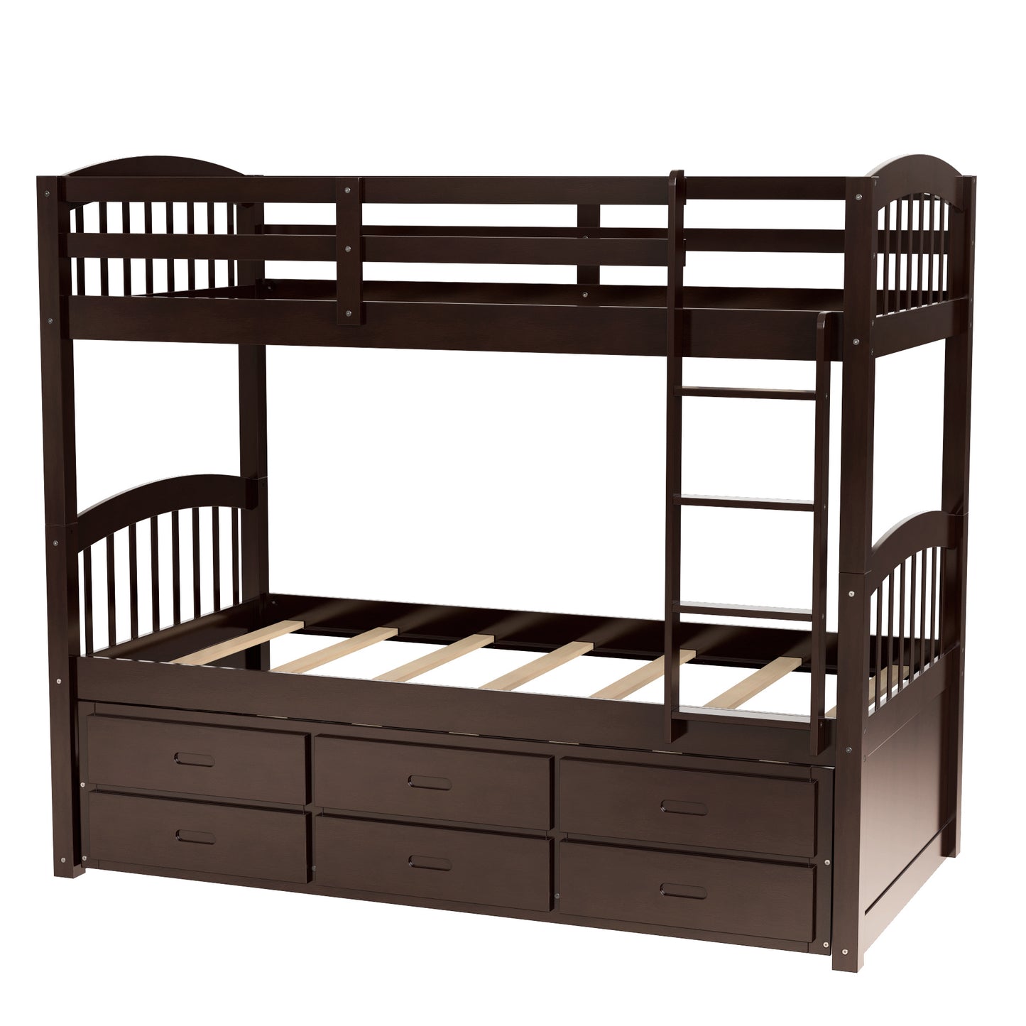 twin over twin wood bunk bed with trundle and drawers,white
