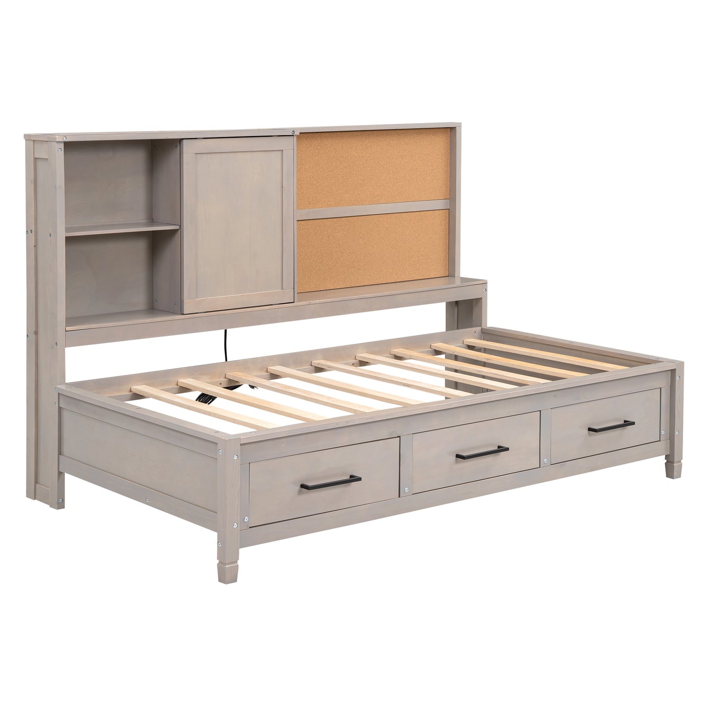 twin size lounge daybed with storage shelves, cork board, usb ports and 3 drawers, antique gray