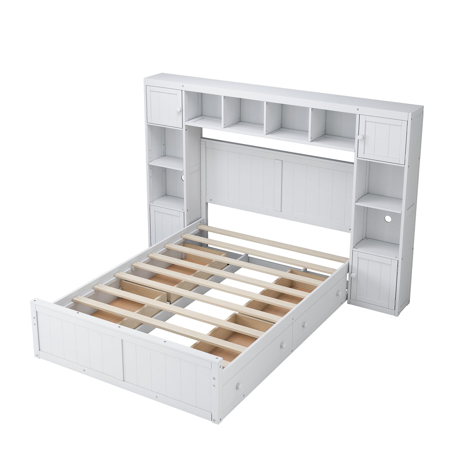 elegant and functional bed with 4 drawers and all-in-one cabinet and shelf, white