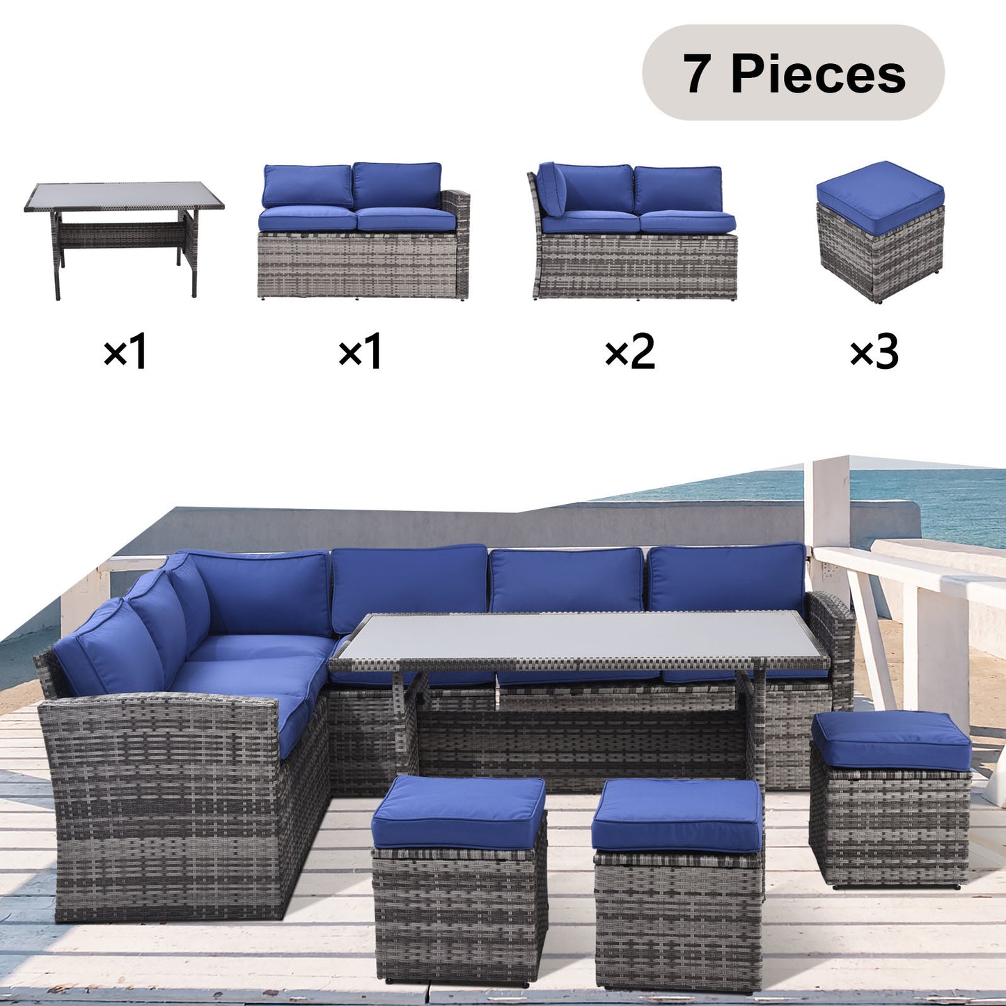 7 pieces outdoor sectional conversation sofa with dining table, chairs and ottomans, grey+blue