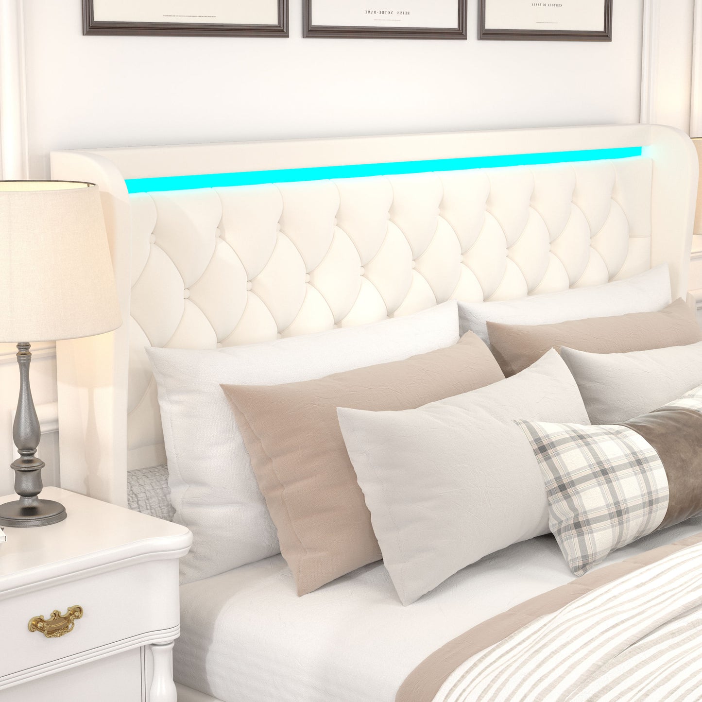velvet upholstered bed with deep tufted buttons & adjustable colorful led light, beige