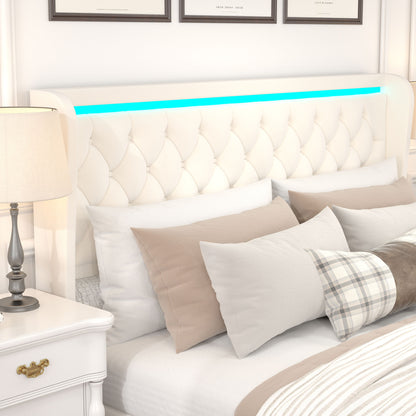 Velvet Upholstered Bed with Deep Tufted Buttons & Adjustable Colorful LED Light, Beige
