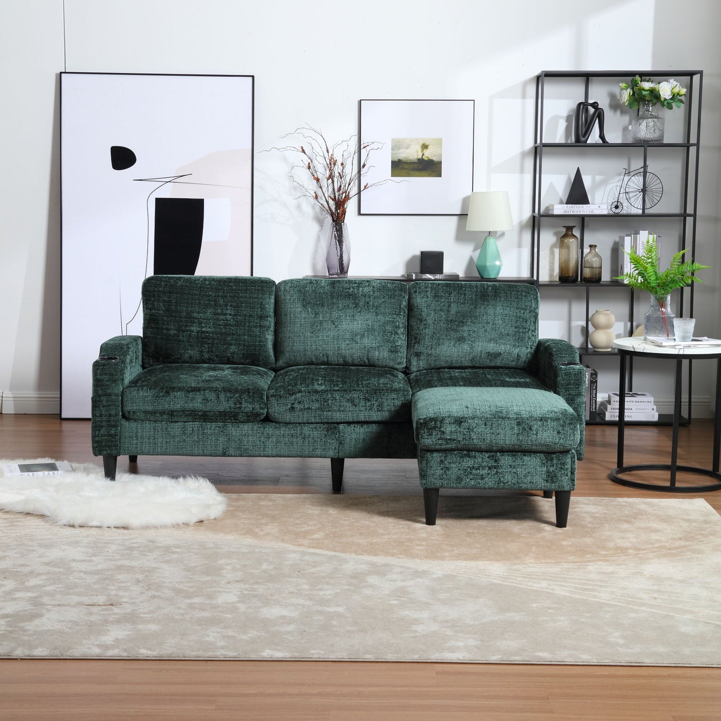 zara storage/ cupholder sectional sofa, green