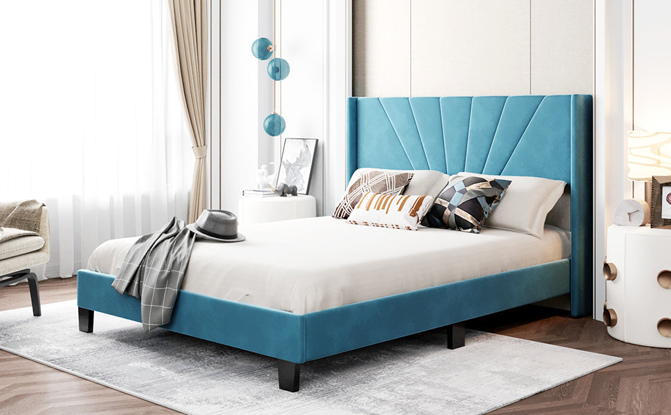 queen size velvet upholstered platform bed, blue