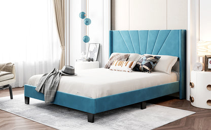 Queen Size Velvet Upholstered Platform Bed, Blue