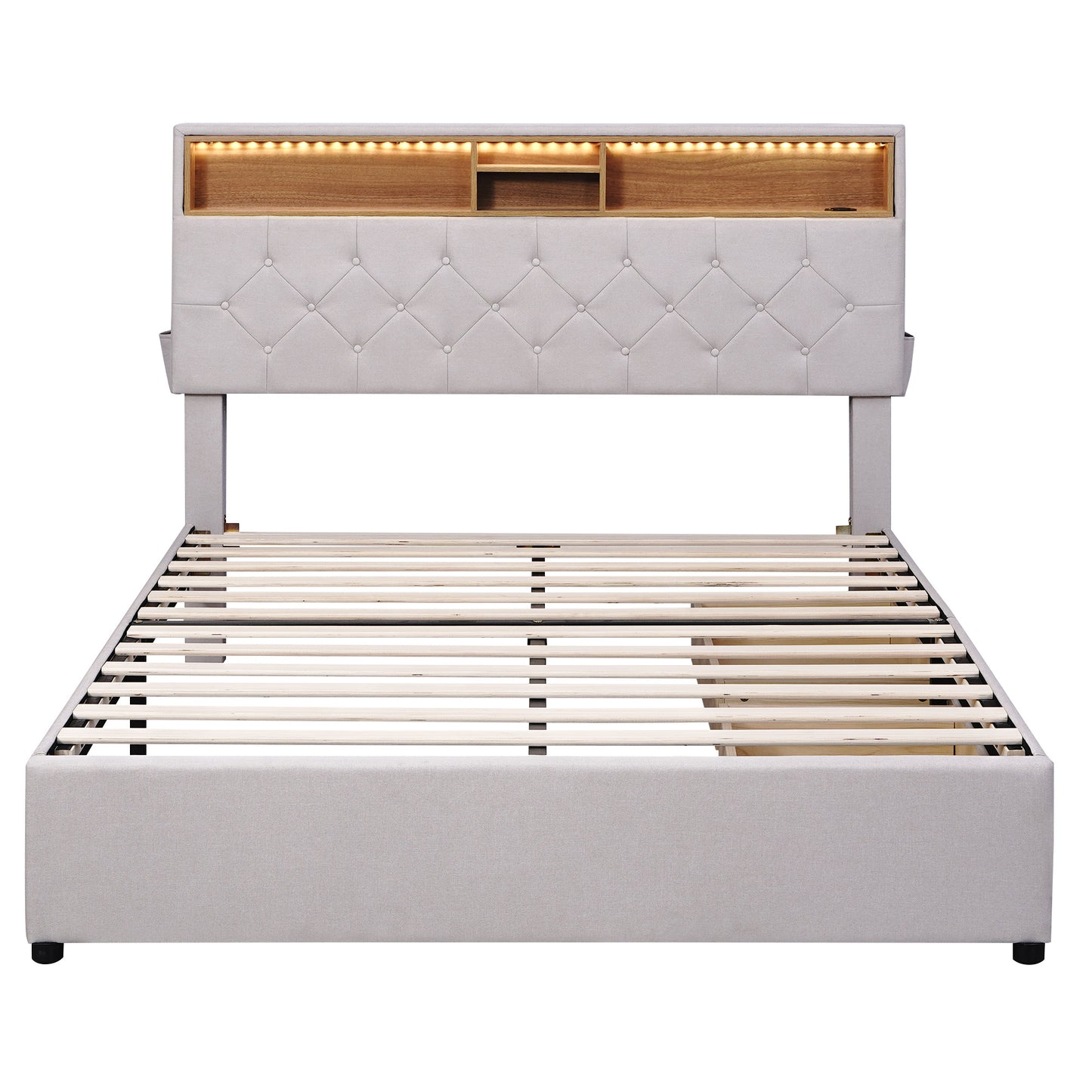 upholstered bed with storage headboard, led, usb charging and 2 drawers