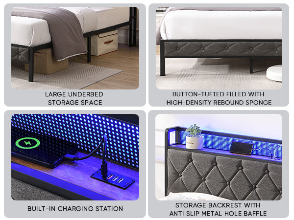 queen bed frame with storage headboard, charging station and led lights,dark gray