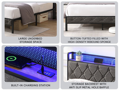 Queen Bed Frame with Storage Headboard, Charging Station and LED Lights,Dark Gray