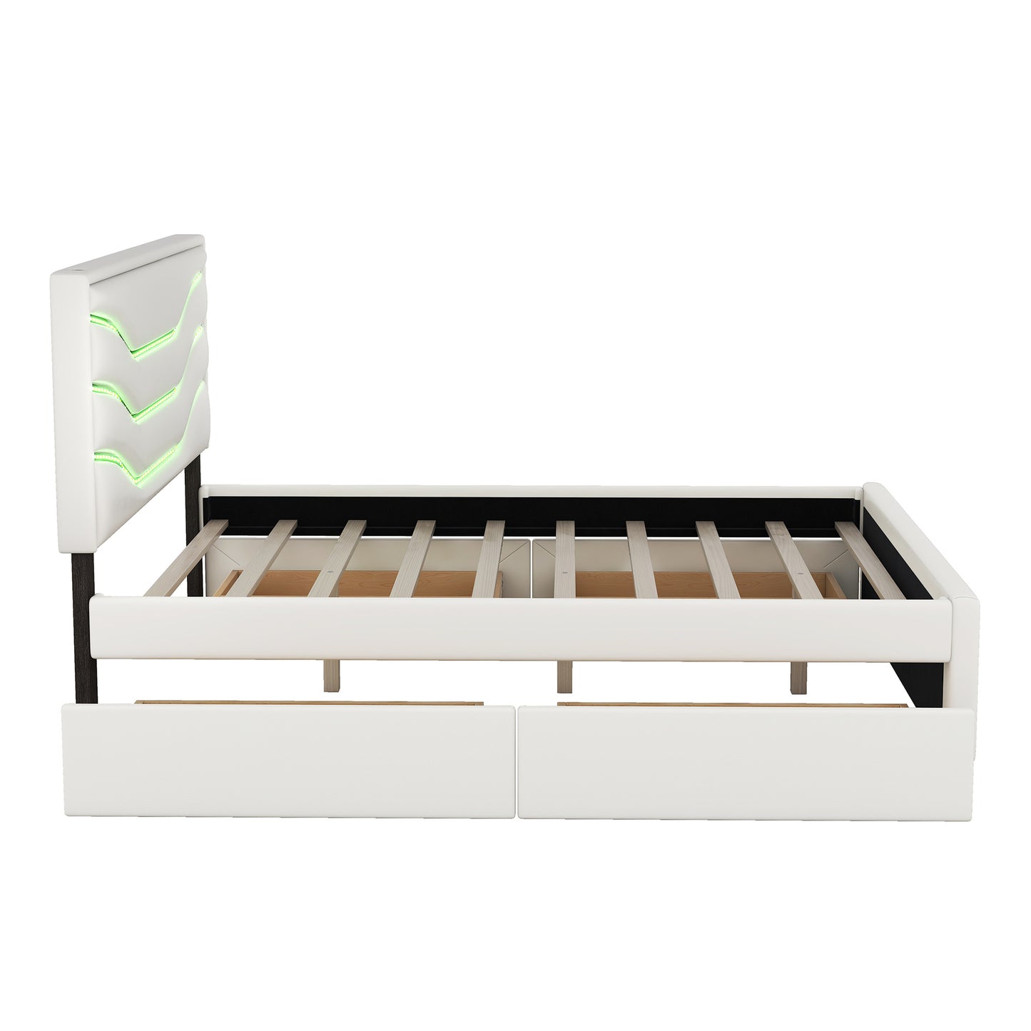retro upholstered storage platform bed with led, 4 drawers and usb charging, white