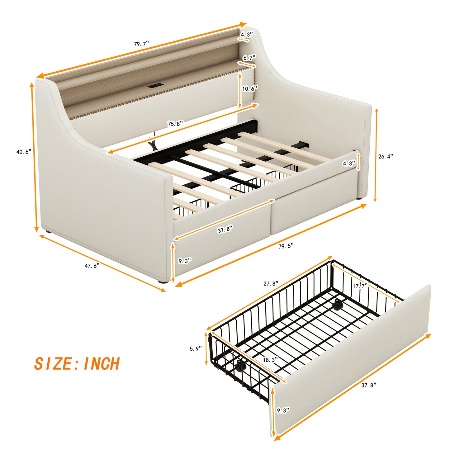upholstered bed with charging station and led lights, beige