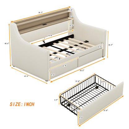 Upholstered Bed with Charging Station and LED Lights, Beige