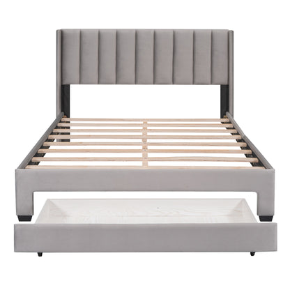 Queen Size Storage Bed Velvet Upholstered Platform Bed with a Big Drawer - Beige