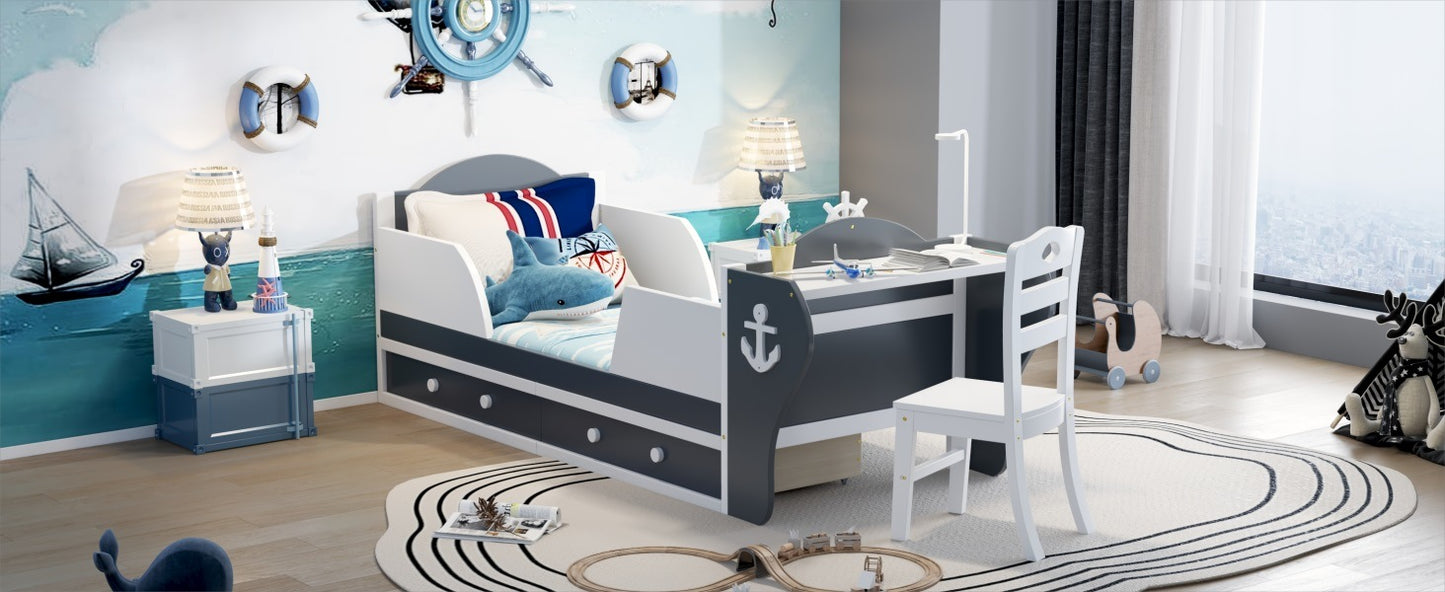 boat-shaped platform bed with two drawers, desk and chair, white+gray