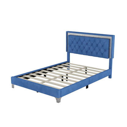 Upholstered Bed Frame with LED Lights, Blue