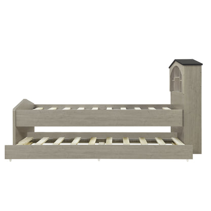 House-shaped Bed with Storage Headboard and Trundle, Gray