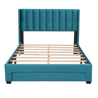 Danny Velvet Upholstered Platform Bed with a Big Drawer - Blue