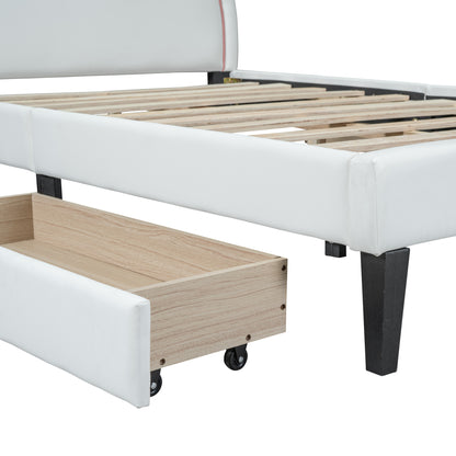 Upholstered Leather  Bed with Rabbit Ornament and 4 Drawers, White