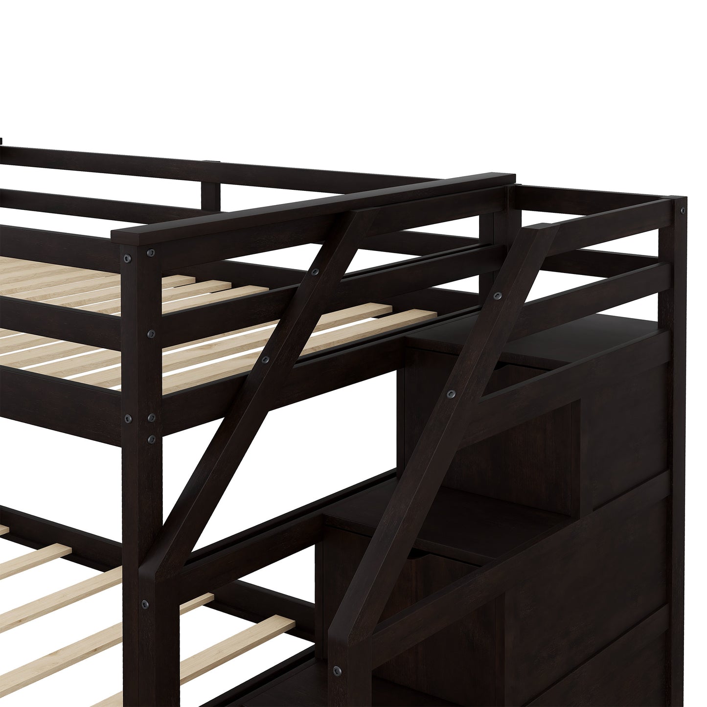 twin-over-twin bunk bed with twin size trundle and 3 storage stairs, espresso