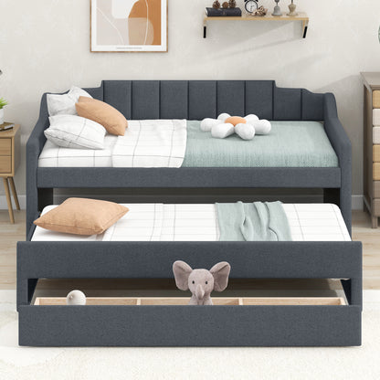 Upholstered Bed with Trundle and Three Drawers, Grey