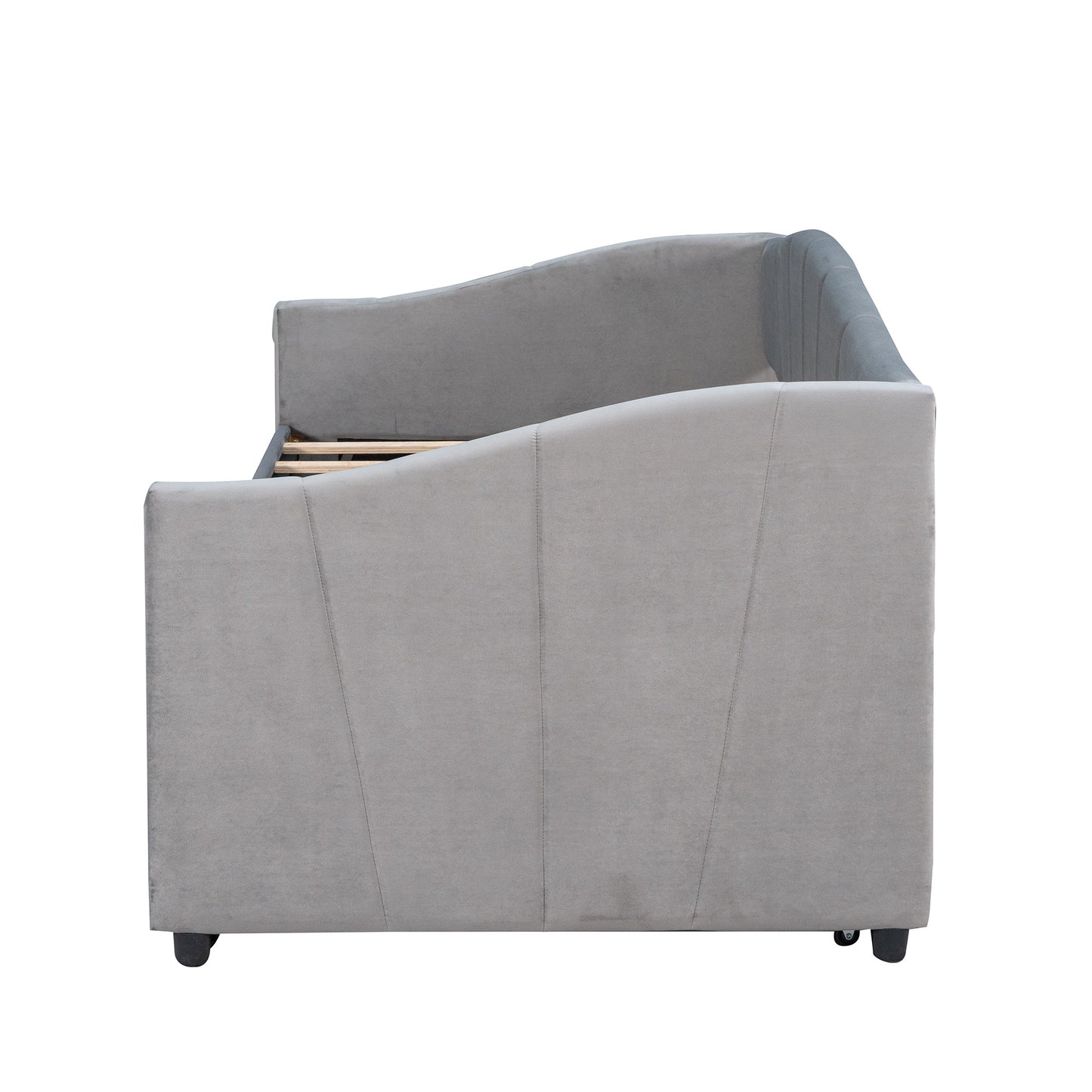 upholstered bed with trundle bed and wood slat ; gray
