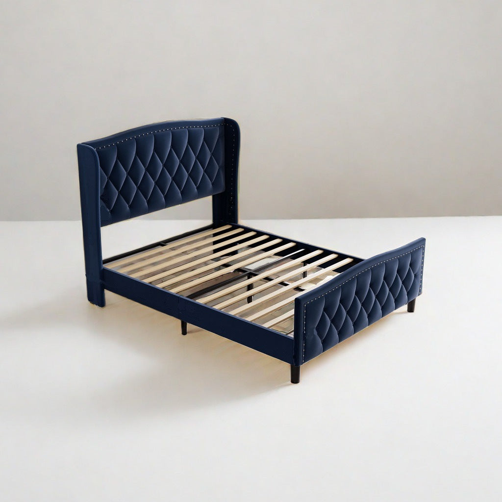 velvet upholstered platform bed with wingback headboard, blue
