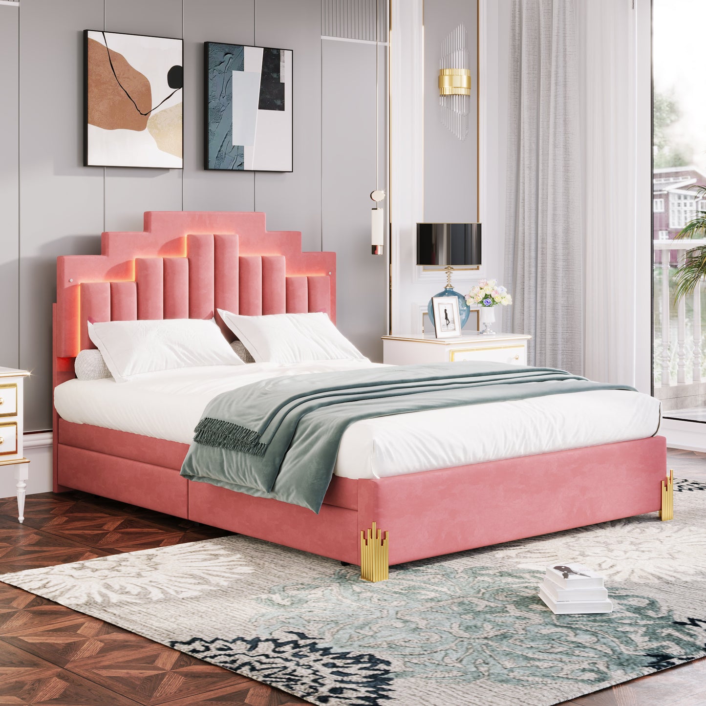 irregular upholstered platform bed with led lights and 4 drawers, pink