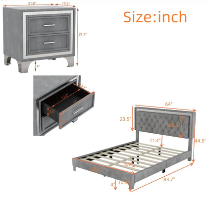 3-Pieces Upholstered Platform Bed with LED Lights and Two Nightstands-Gray