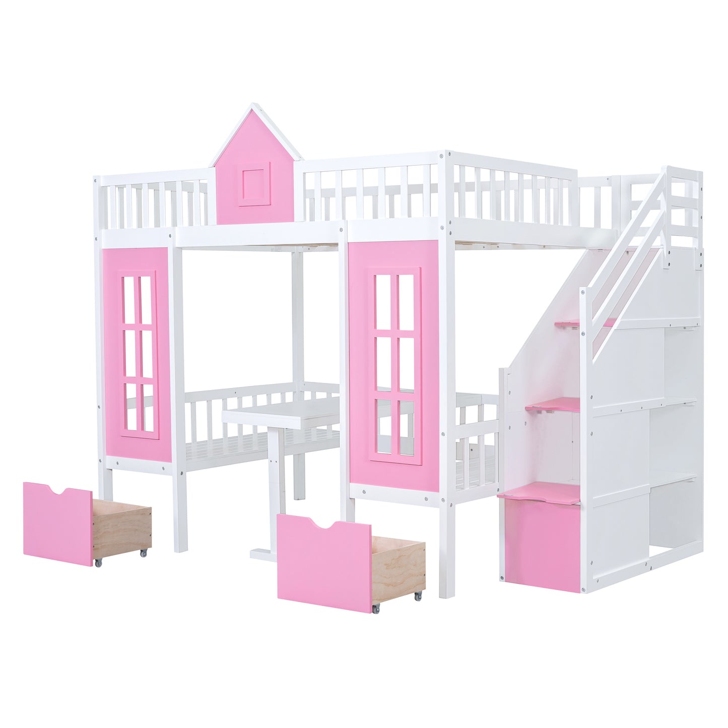 full-over-full bunk bed with changeable table, pink